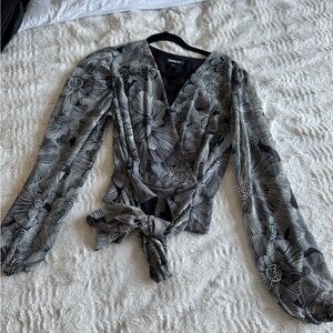 Floral Black and White Wrap Top